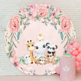 Aperturee - Pink Floral And Cute Animals Round Baby Shower Backdrop